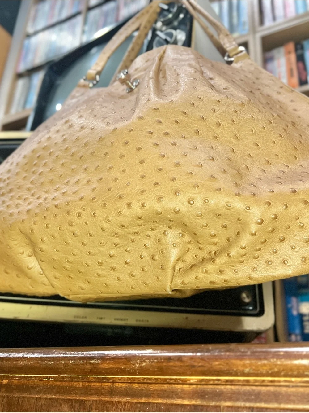 Y2K Vintage Furla Ostrich Embossed Genuine Leather Shoulder Hobo Bag Tan